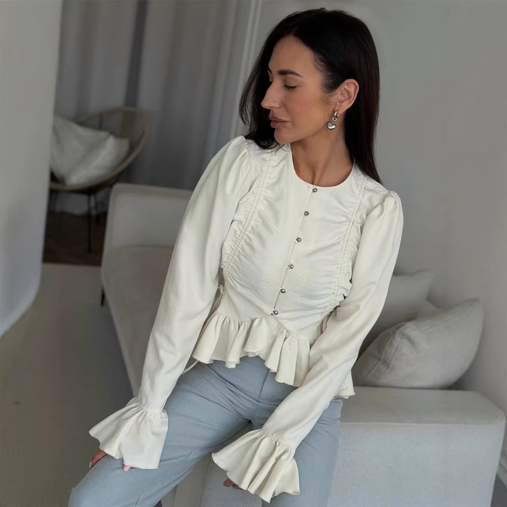 Women's Ruffled Fitted Blouse with Peplum & Puff Sleeves Chichicherry