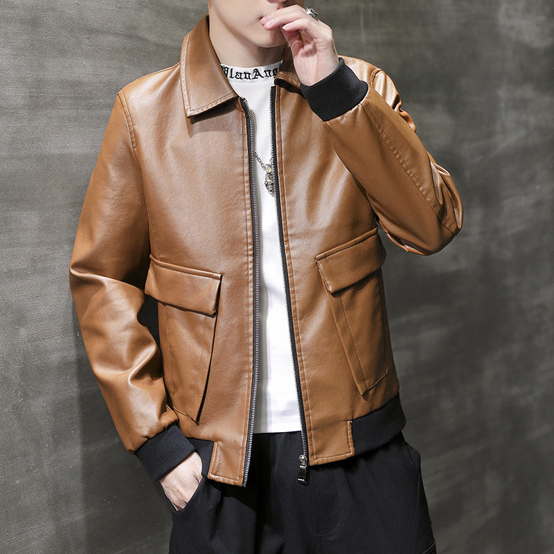 Men's Urban Faux Leather Flight Jacket with Flap Pockets and Ribbed Hem Chichicherry