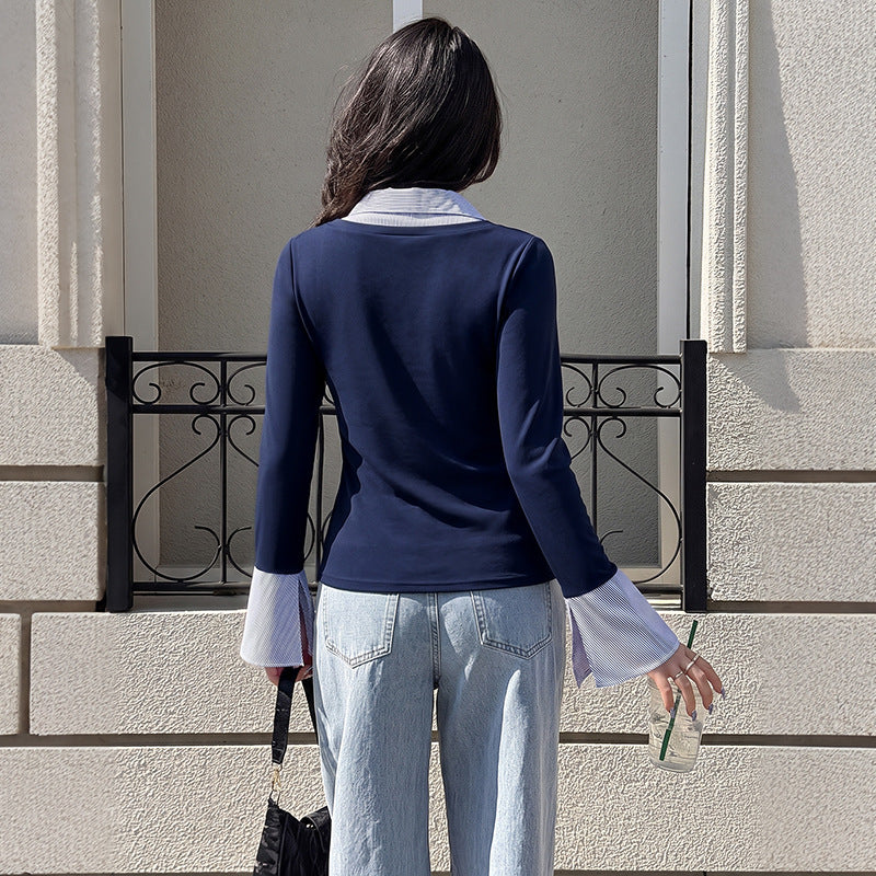 Women Fitted Layering Long Sleeve Shirt with Shirt Collar and Flared Cuffs Chichicherry