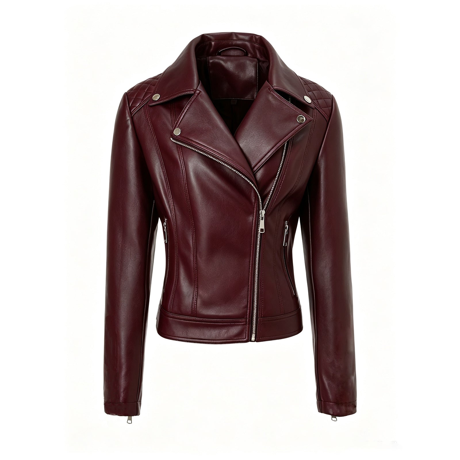 Women Tailored Leather Biker Jacket with Asymmetrical Zipper Chichicherry