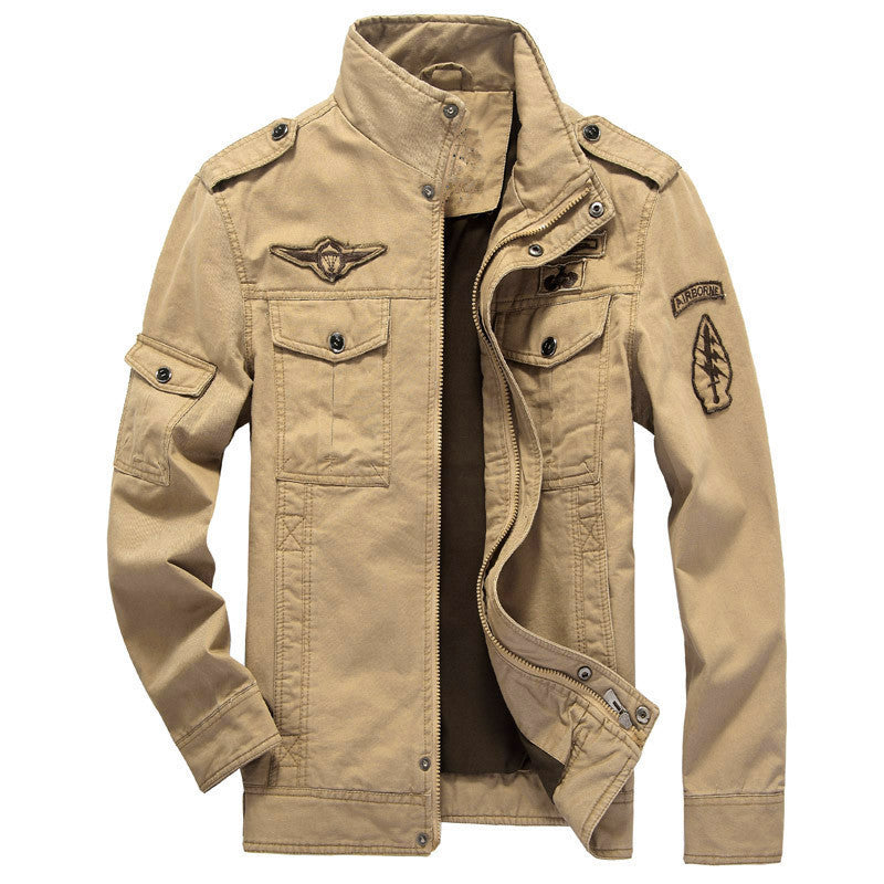 Men's canvas field jacket in pilot style with stand-up collar, utility pockets, and badge applications Chichicherry
