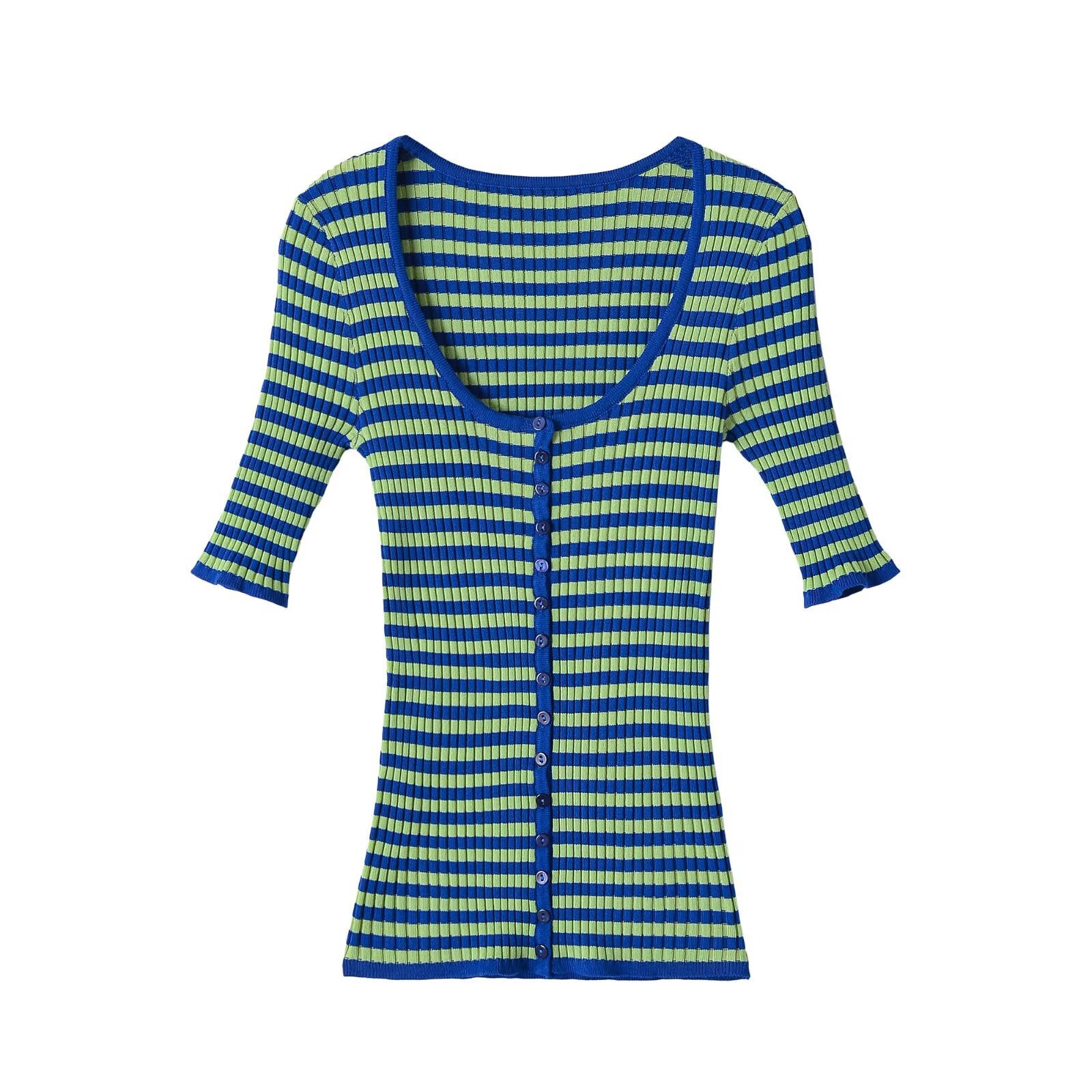 Women Ribbed Short Sleeve Button Cardigan with Deep Round Neck and Figure-Hugging Fit Chichicherry