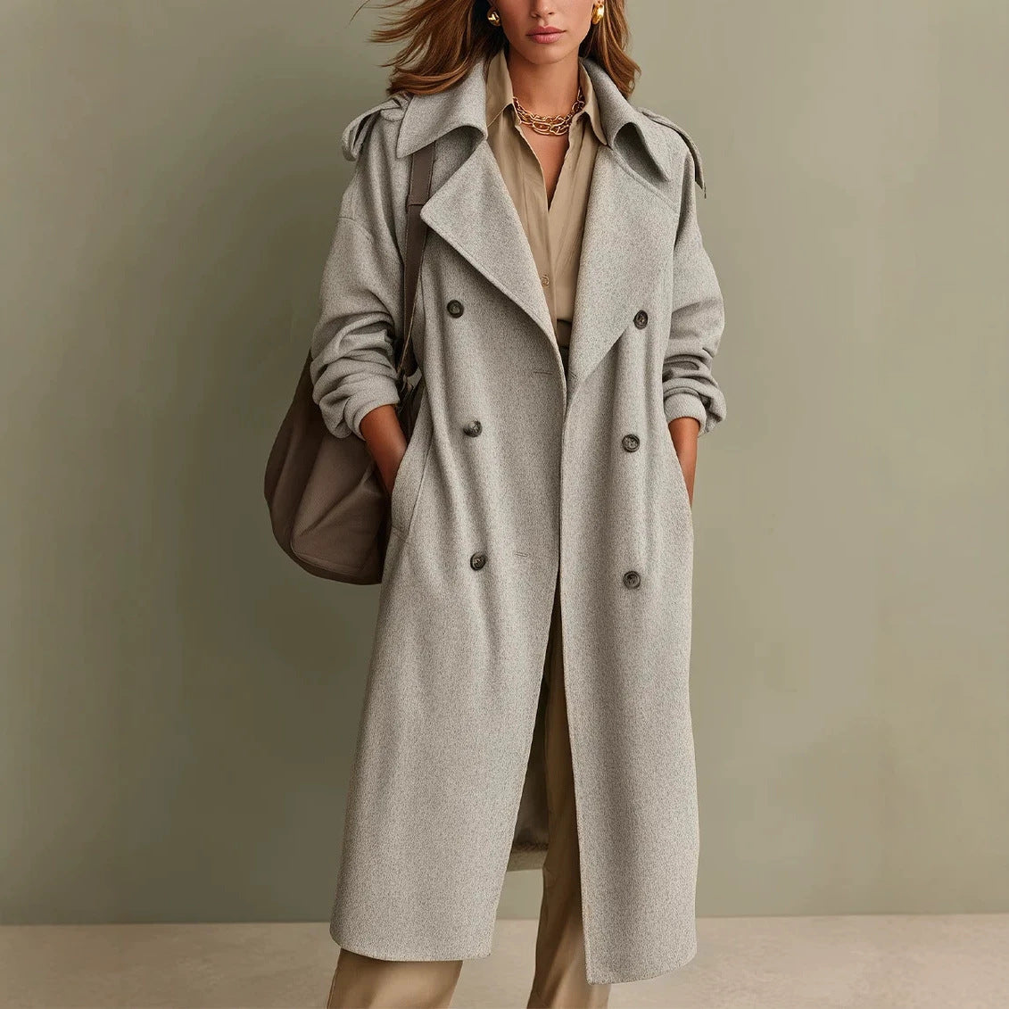 Women's Oversized Double-Breasted Wool Coat with Wide Lapels Chichicherry