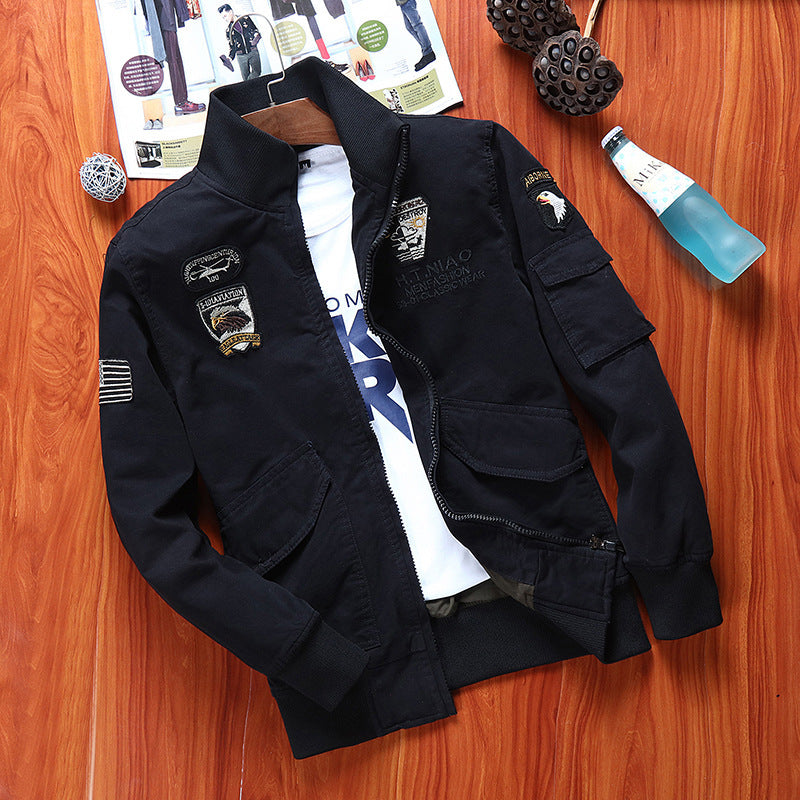 Men's Canvas Flight Jacket with Front Flap Pockets, Arm Pocket and Ribbed Cuffs Chichicherry