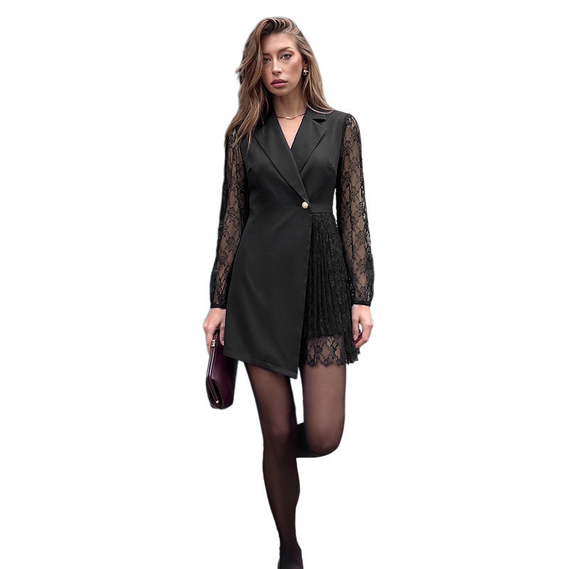 Women Tailored Blazer Dress with Transparent Lace Sleeves and Ruffled Skirt Chichicherry