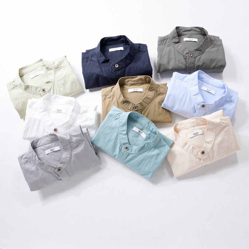 Men's shirt jacket in Mandarin style made of cotton twill, relaxed fit, with patch chest pocket and wooden buttons Chichicherry