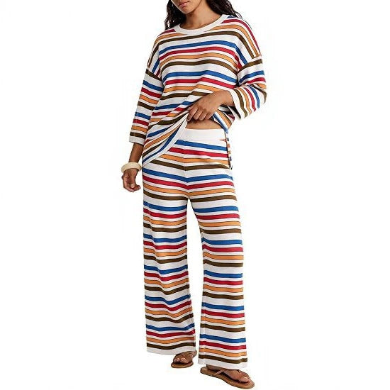 Women's Striped Lounge Set made of lightweight knit with wide leg and 3/4 sleeves Chichicherry