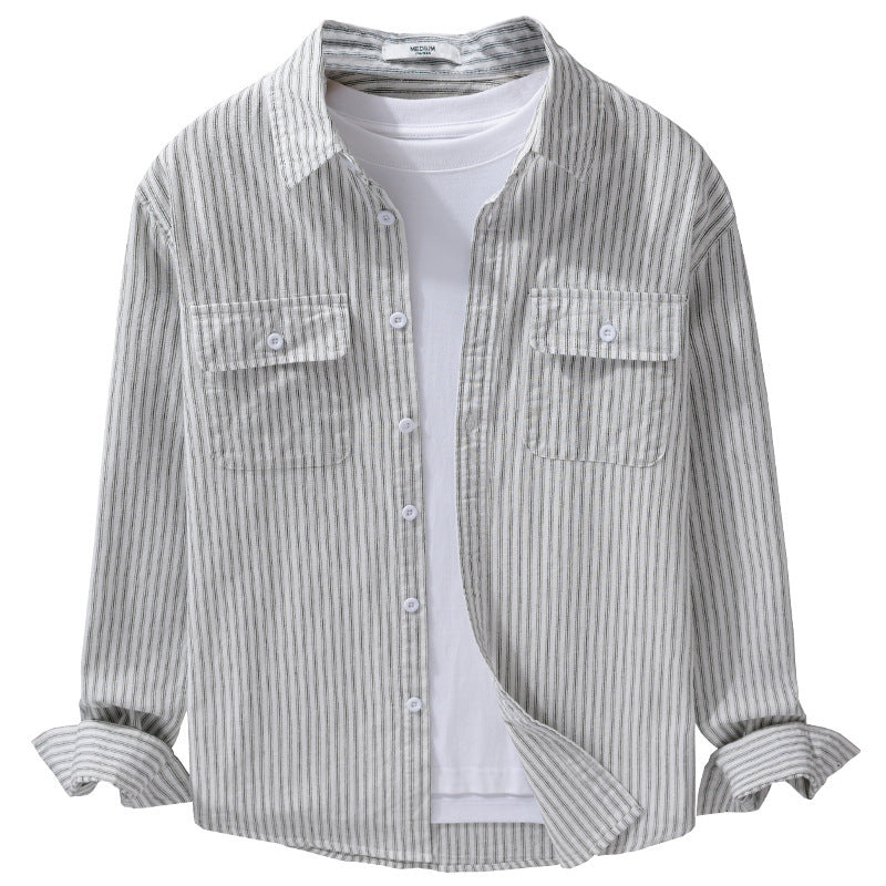 Men's Casual Layering Shirt Jacket in Stripe Relief made of lightweight cotton twill with two flap chest pockets Chichicherry