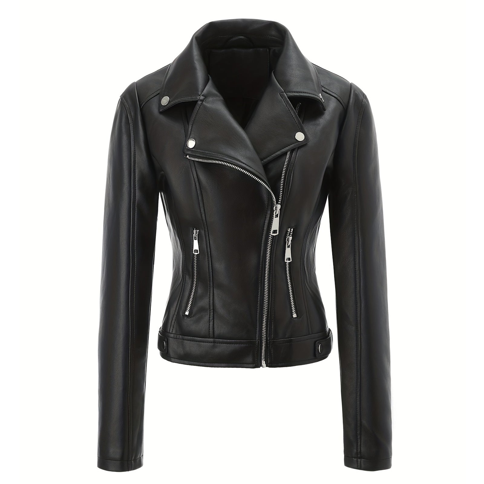 Women Tailored Biker Jacket in Leather Look with Asymmetrical Zipper and Decorative Seams Chichicherry