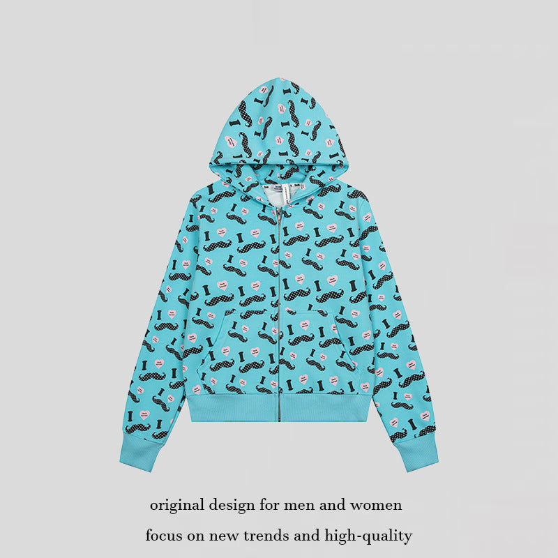 Women's Short Hooded Sweat Jacket with Graphic Print, Ribbed Cuffs, and Kangaroo Pockets Chichicherry