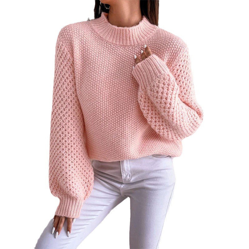 Women's Short-Cut Chunky Knit Sweater with Voluminous Mesh-Structure Sleeves and Stand-Up Collar Chichicherry