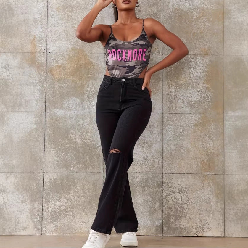Ladies High-Waist Straight Jeans with wide leg, knee rip and textured denim look Chichicherry