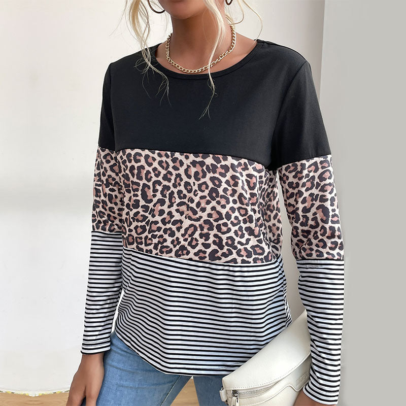 Women's Colorblock Long Sleeve Top with Leopard and Stripe Mix Chichicherry