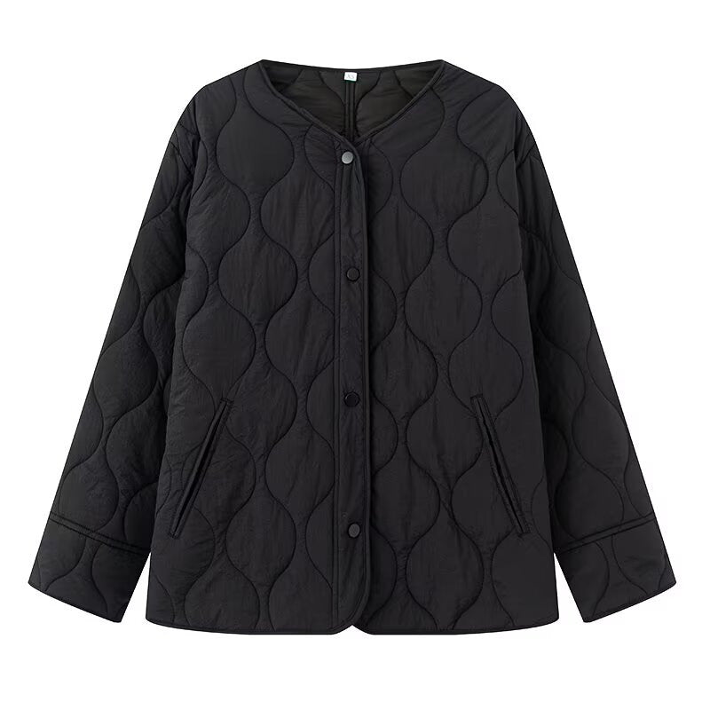 Women's Lightly Quilted Oversize Jacket with Round Neck, Snap Button Placket and Side Pockets Chichicherry