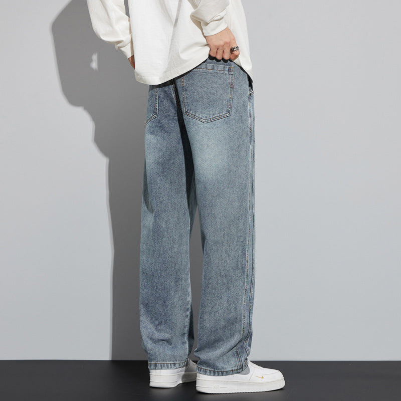 Men's Wide Denim Pants in Lounge Style with Drawstring Waist and Straight Leg Chichicherry