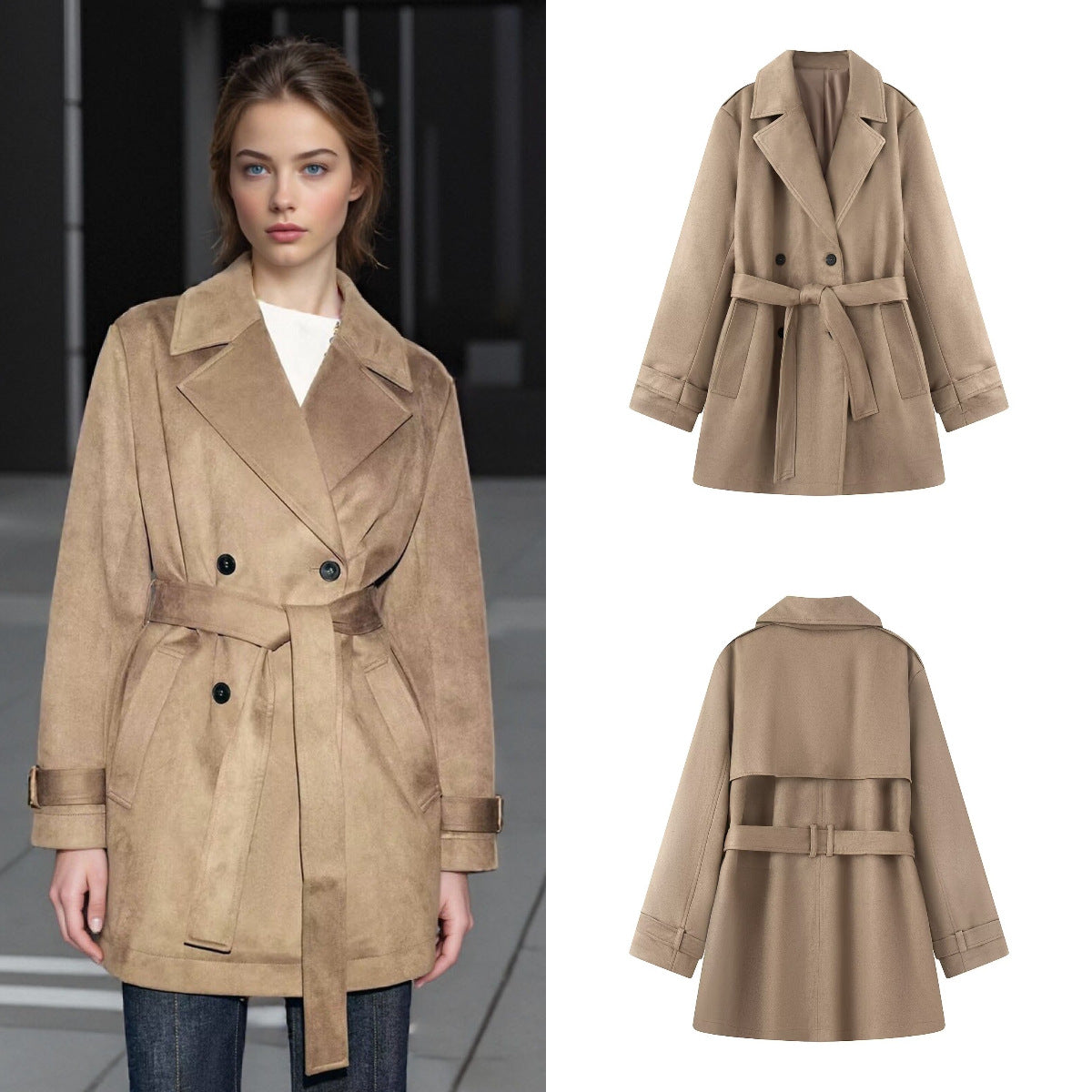Women's Tailored Suede Look Trench Coat with Belt and Double Breasted Button Placket Chichicherry