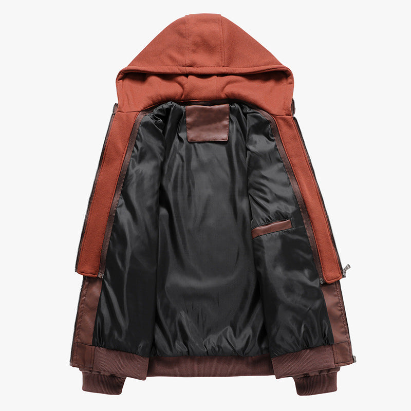 Men's faux leather flight jacket with integrated hood layer, zippered chest pocket, and ribbed cuffs Chichicherry