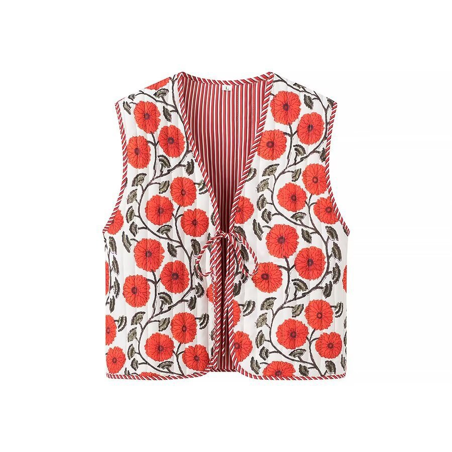 Women Patchwork Vest with Tie Band and V-Neck Chichicherry