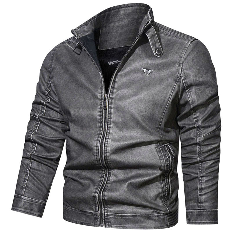 Men's Slim-Fit Pilot Style Denim Jacket with Stand Collar, Sleeve Gatherings and Zipper Pockets Chichicherry