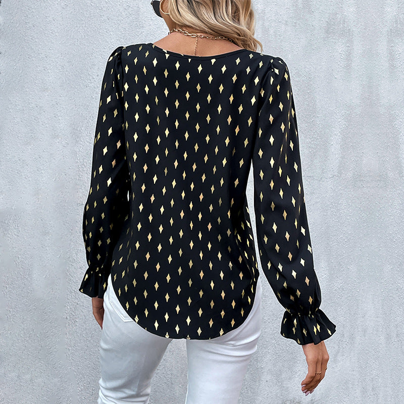 Women's Satin Blouse Shirt with Diamond Print, Slightly Tailored Cut and Delicate Puff Sleeves