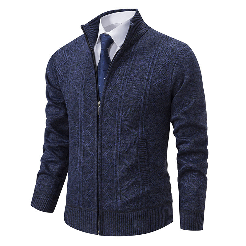 Men's Structured Fine Knit Zip Cardigan with Stand-Up Collar and Geometric Cable Pattern Chichicherry