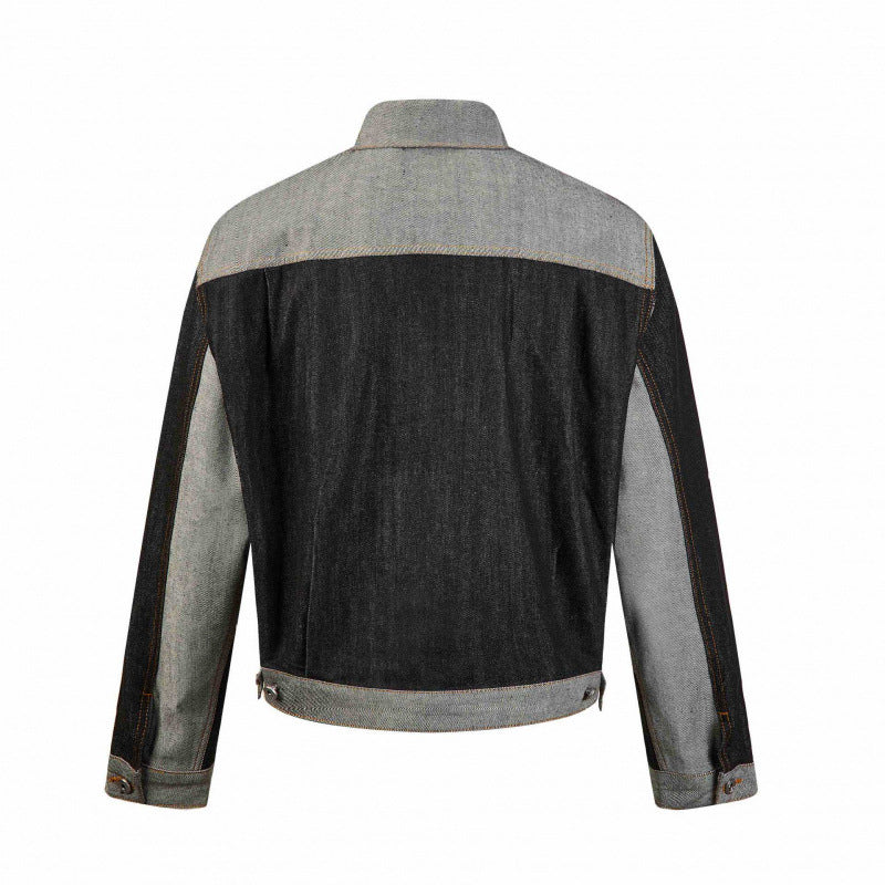 Men's cropped patchwork denim jacket with flap pockets and constructive seam guidance Chichicherry