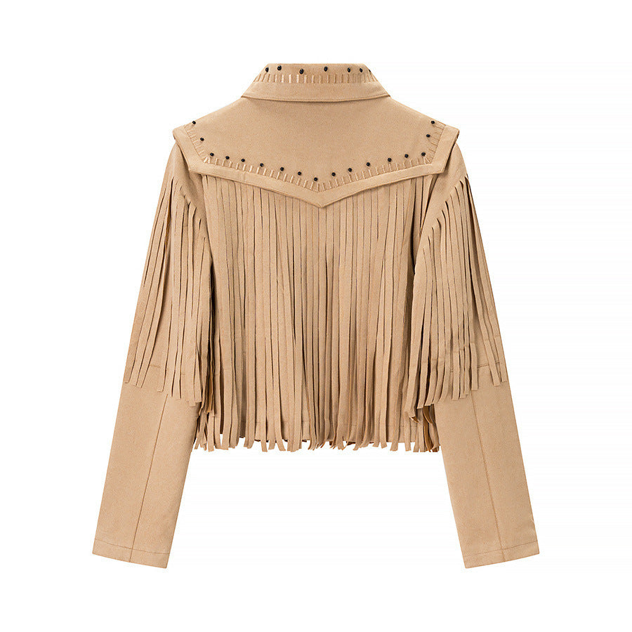 Women's Short Fringe Suede Jacket in Western Style with Studded Accents and Front Zipper Chichicherry
