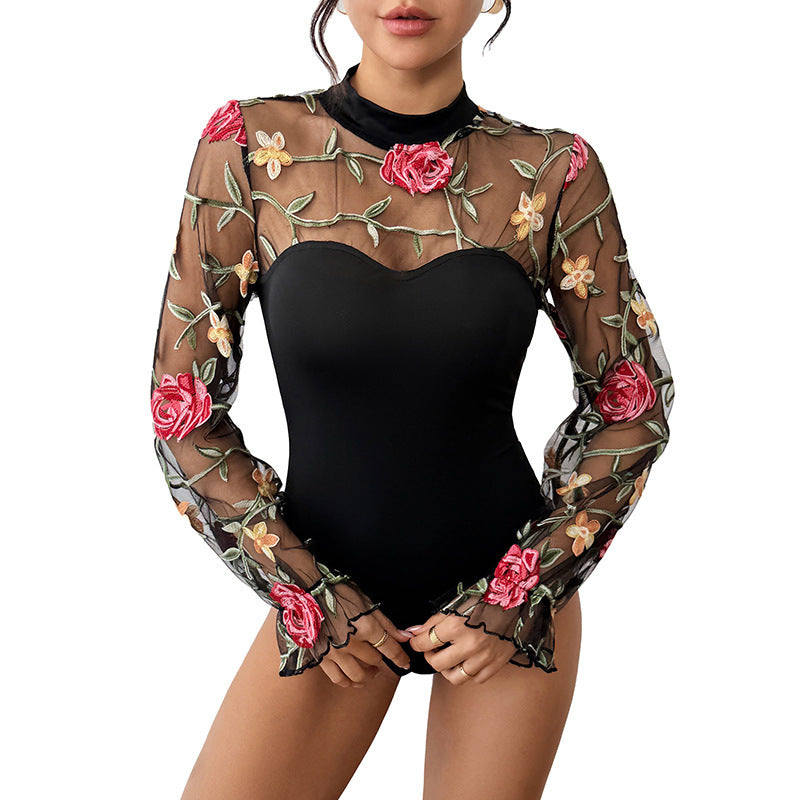 Women's Transparent Mesh Bodysuit with Floral Embroidery, Stand Collar and Bustier Look