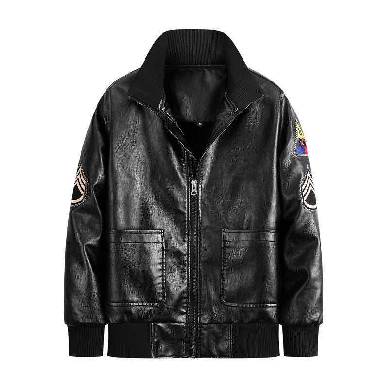 Men's Faux Leather Bomber Jacket in Vintage Utility Style with Patches and Ribbed Cuffs Chichicherry