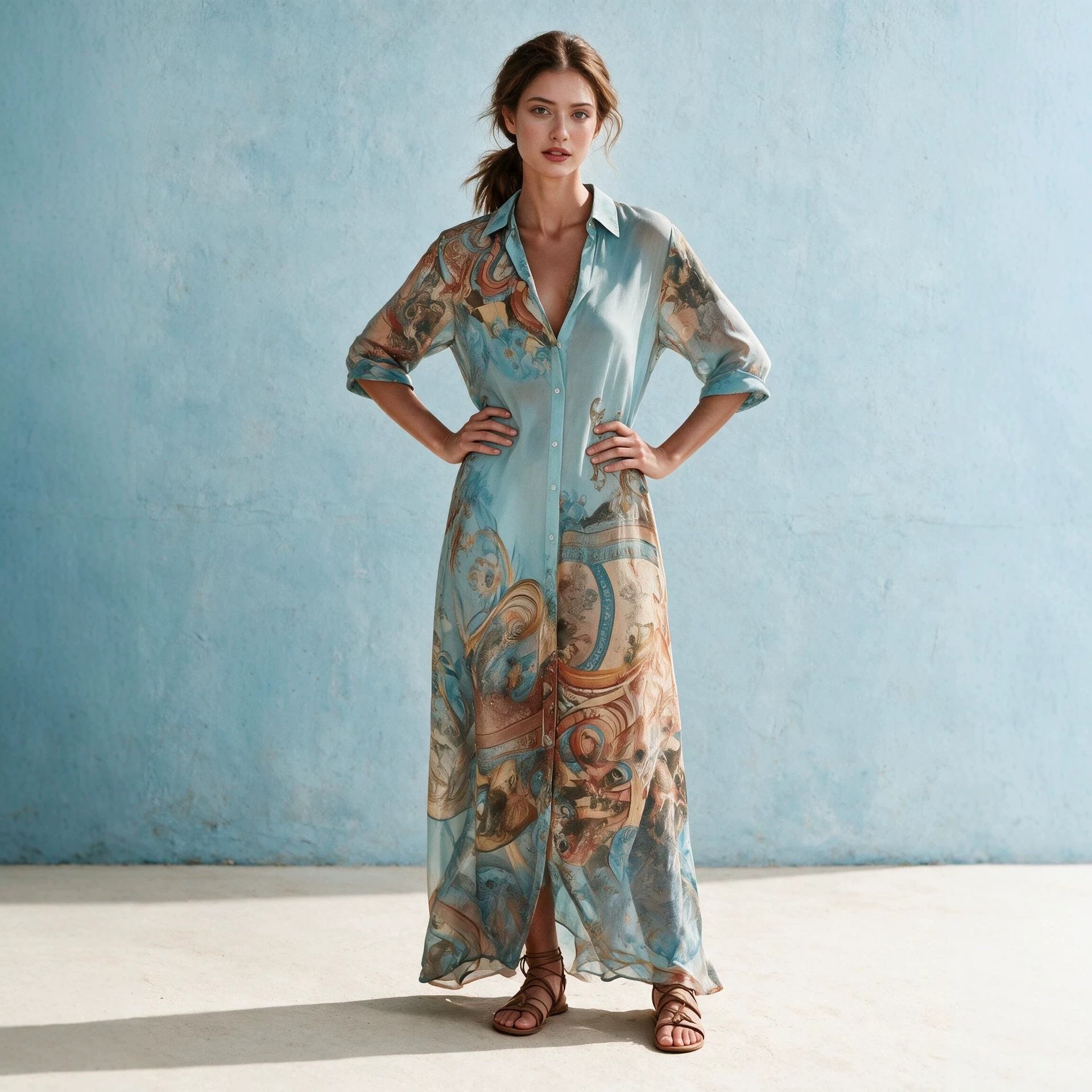 Damen Hemdblusenkleid Maxikleid in fließender Seidenoptik mit kunstvollem Allover-Print und 3/4-Ärmeln Chichicherry
