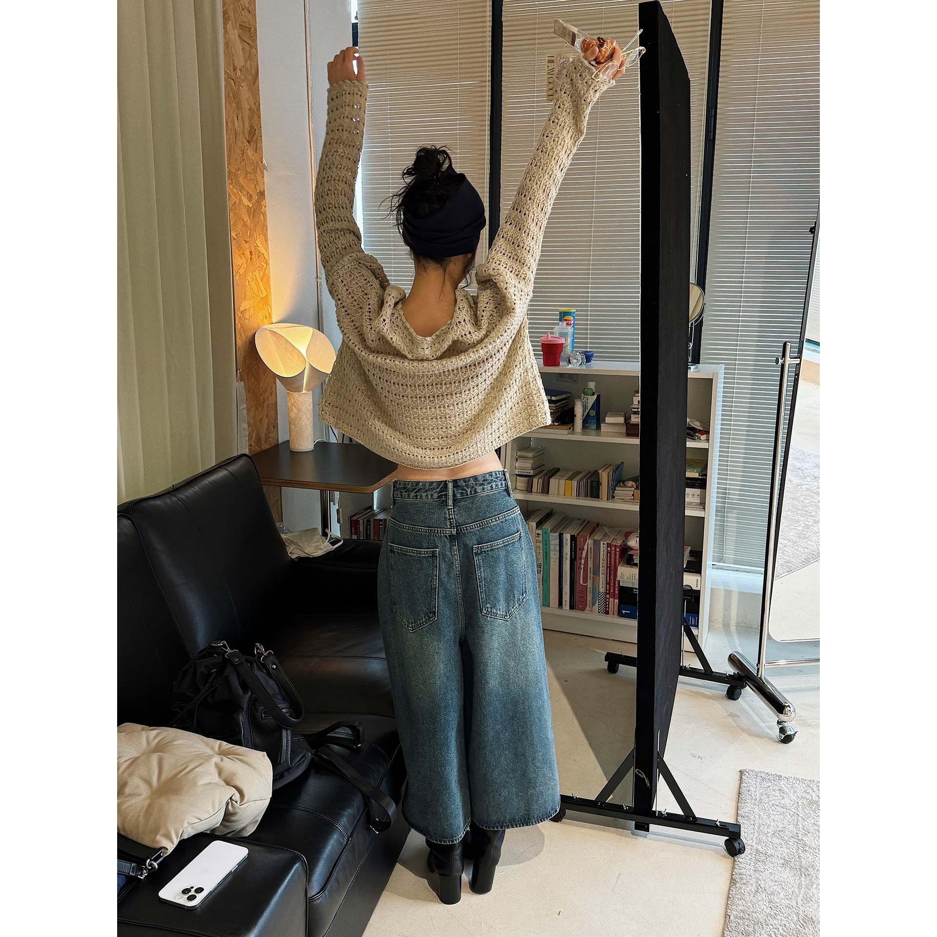 Women's Crocheted Oversized Openwork Sweater with Boat Neck Chichicherry