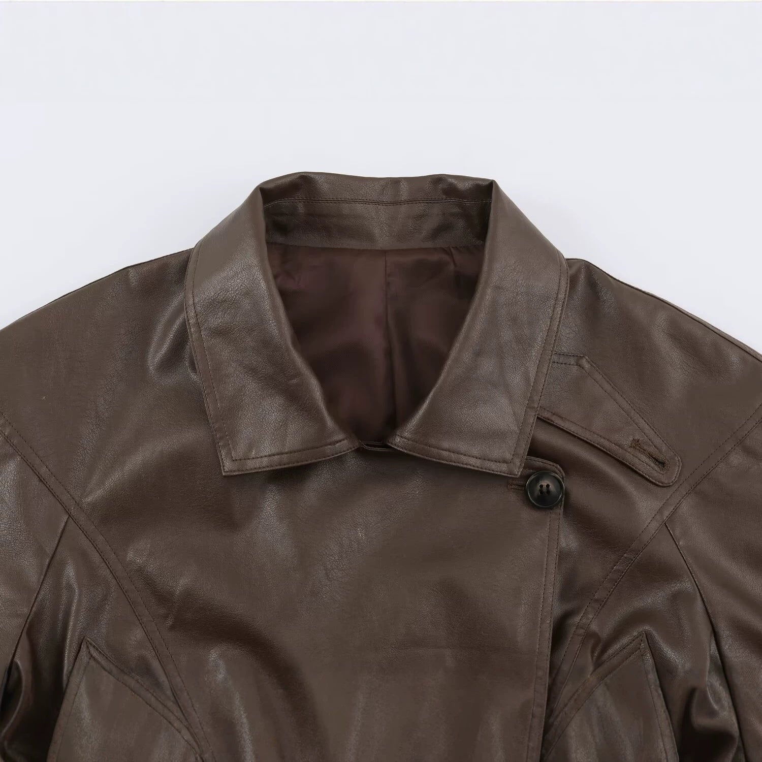 Women Tailored Leather Look Jacket with Asymmetrical Button Placket and Ties Belt Chichicherry