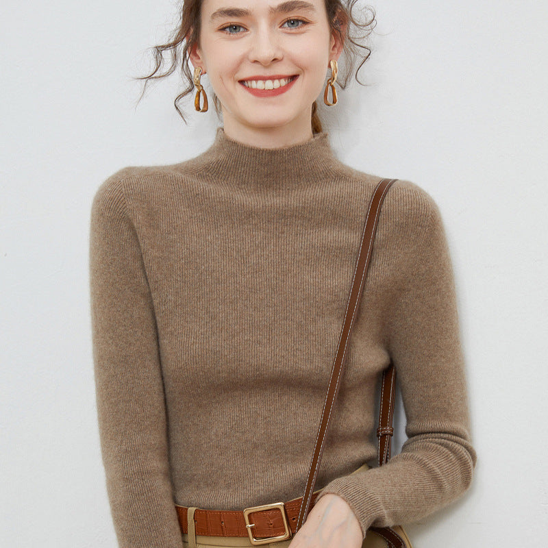 Ladies lightweight tailored mock neck sweater in cashmere-like mohair appearance with fine ribbed texture Chichicherry