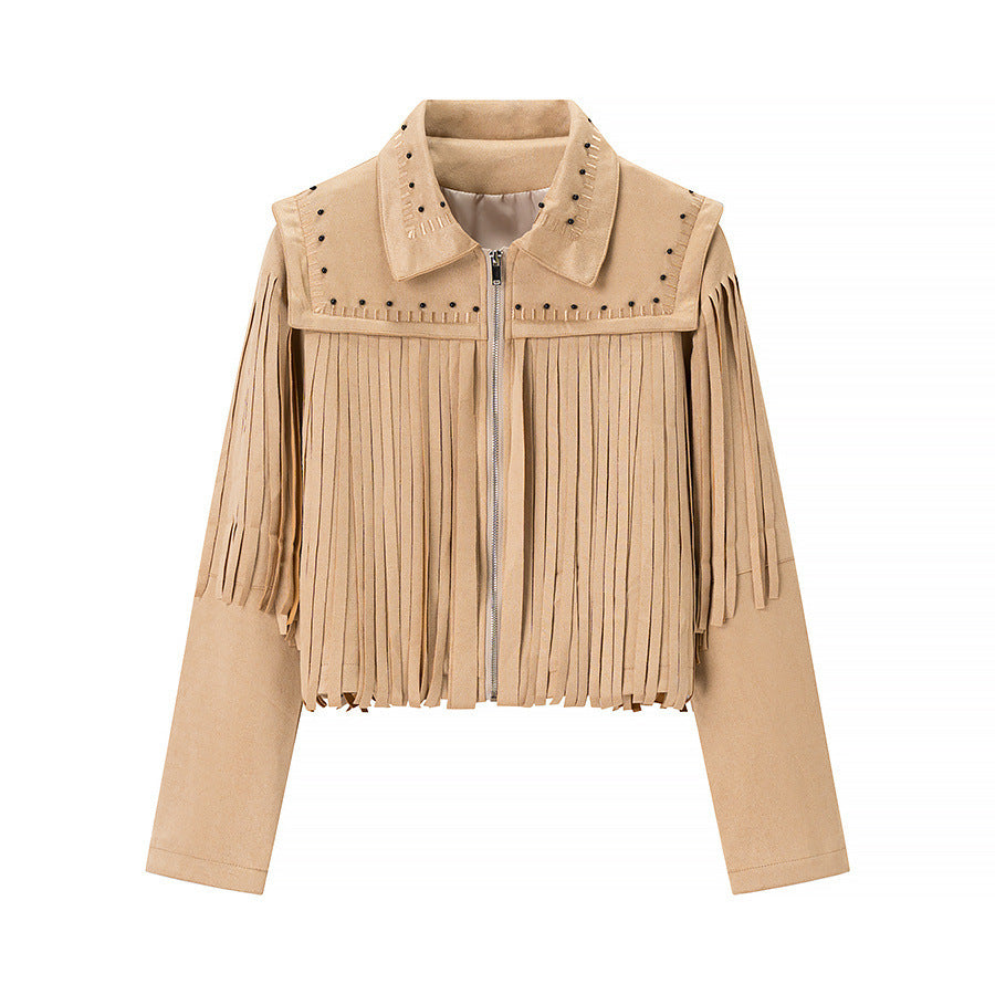 Women's Short Fringe Suede Jacket in Western Style with Studded Accents and Front Zipper Chichicherry