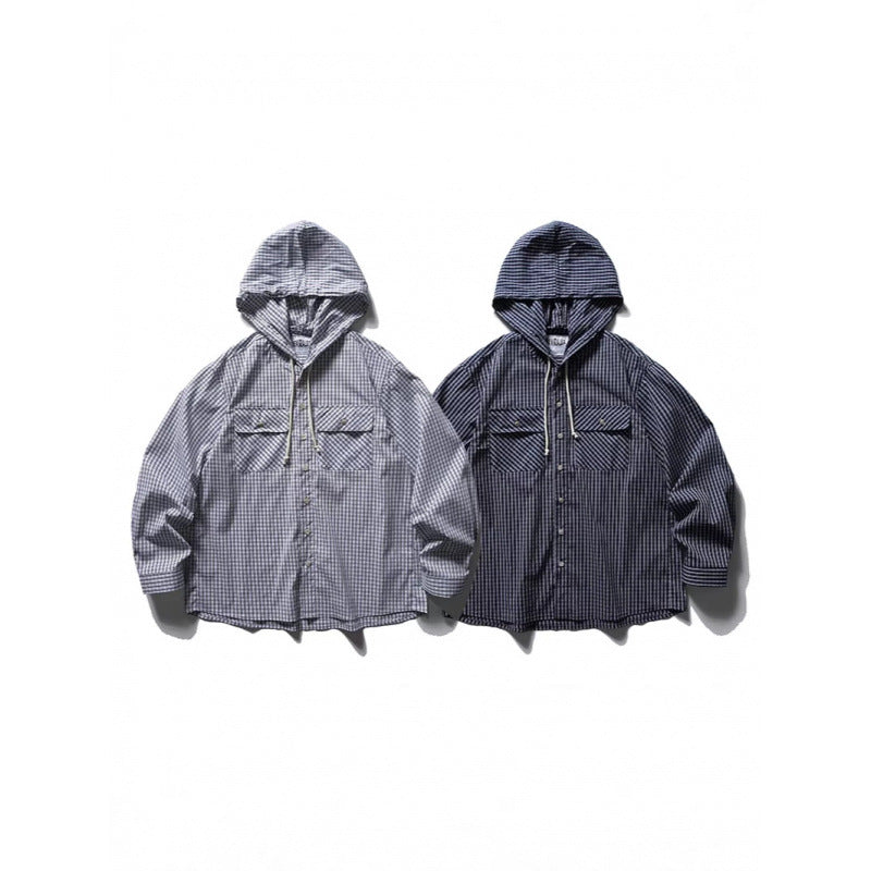 Unisex Loose-fitting hooded overshirt made of cotton blend with check pattern and breast pockets Chichicherry