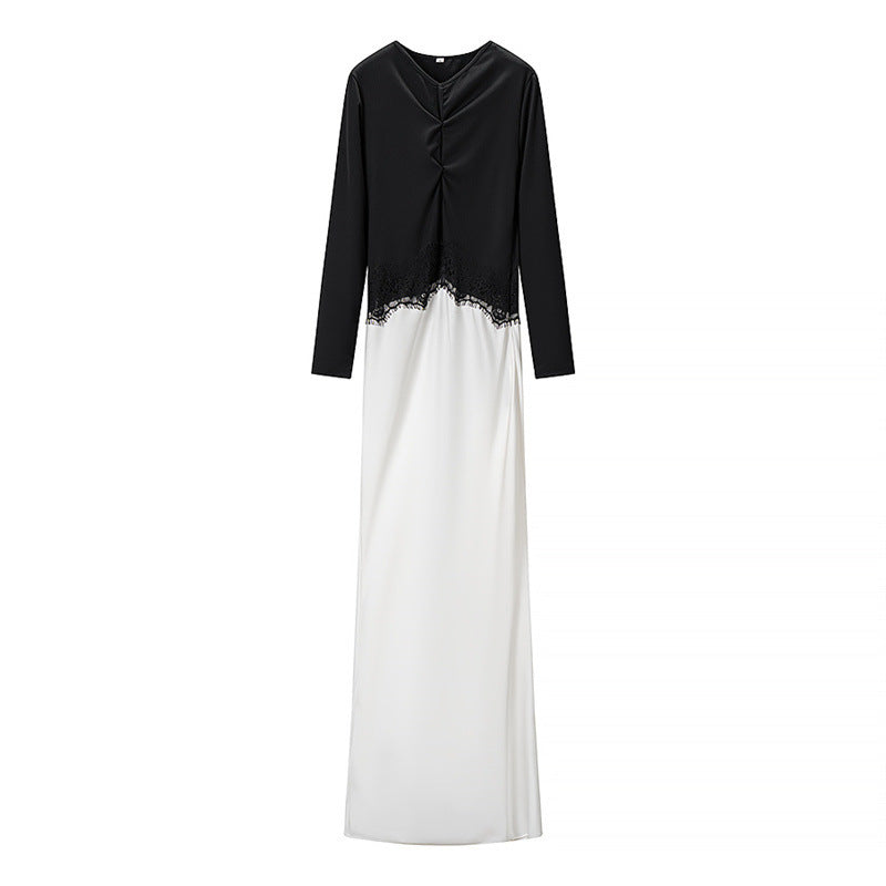 Women Two-tone Maxi Dress with Gathered V Yoke, Lace Trim and Long Sleeves Chichicherry