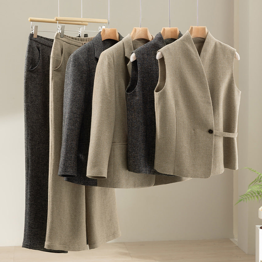 Women sleeveless tailored wool blend vest with shawl collar look and waist strap Chichicherry