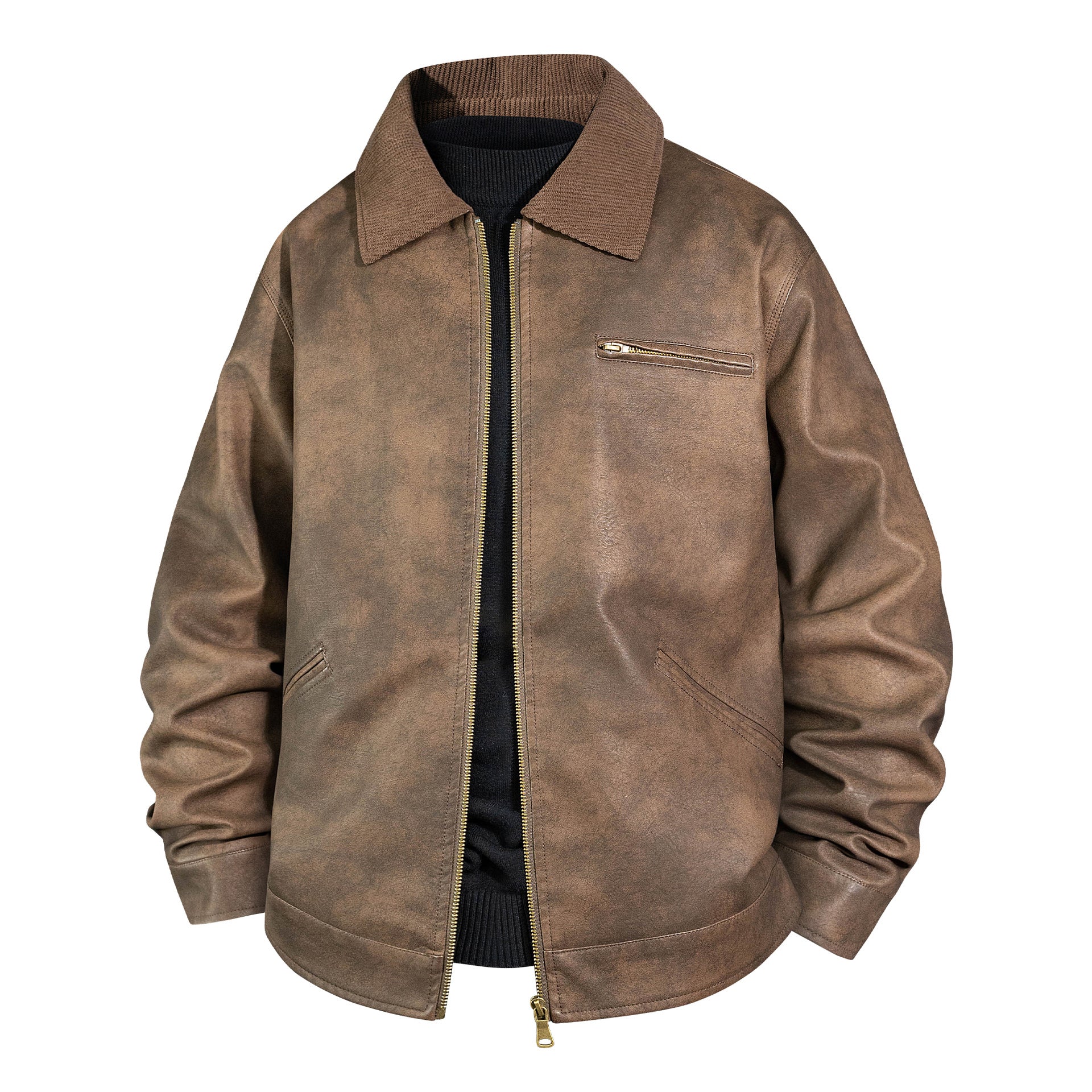 Men's Vintage Leather Bomber Jacket with Ribbed Collar Chichicherry