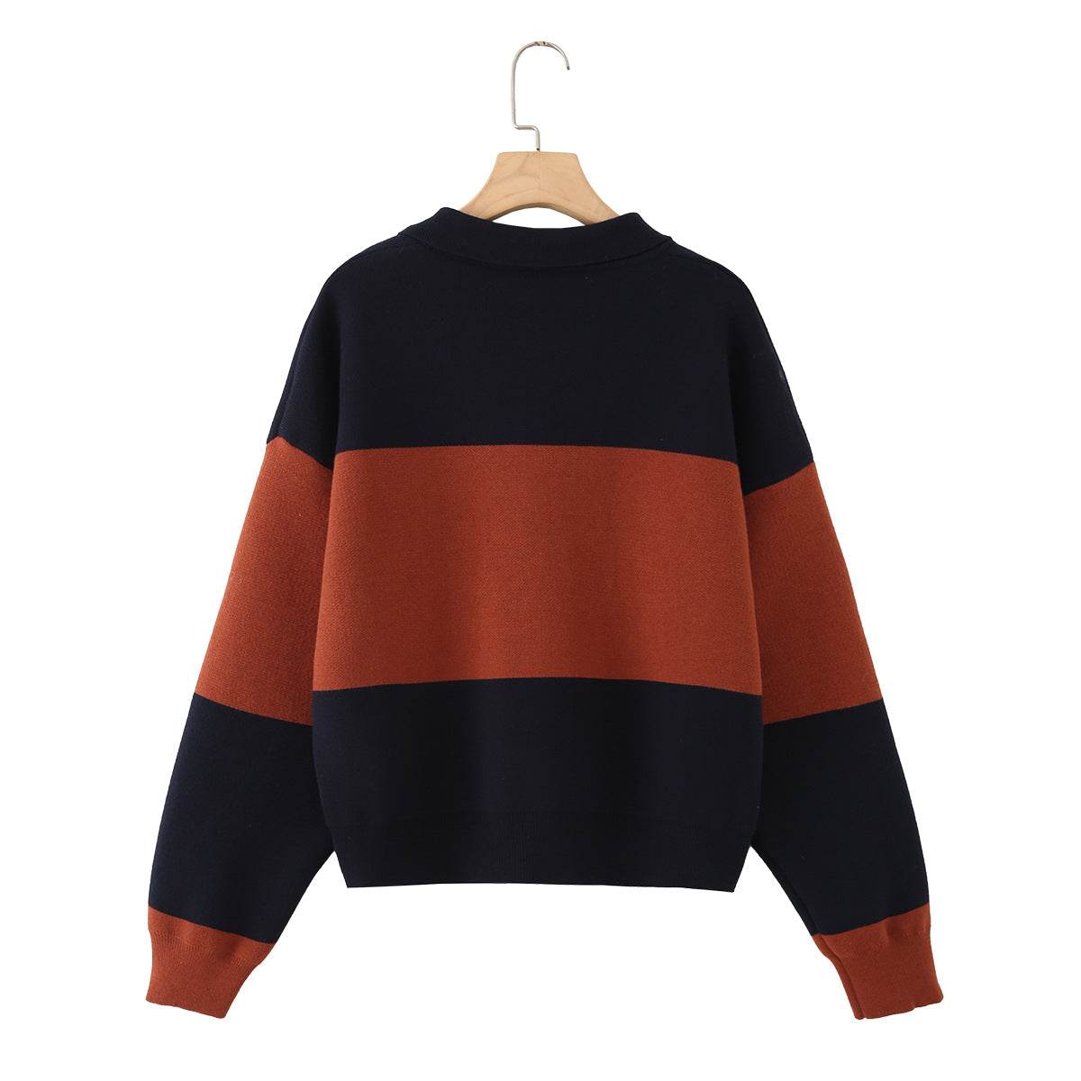 Women Oversized Polo Collar Sweater with Block Stripes Chichicherry
