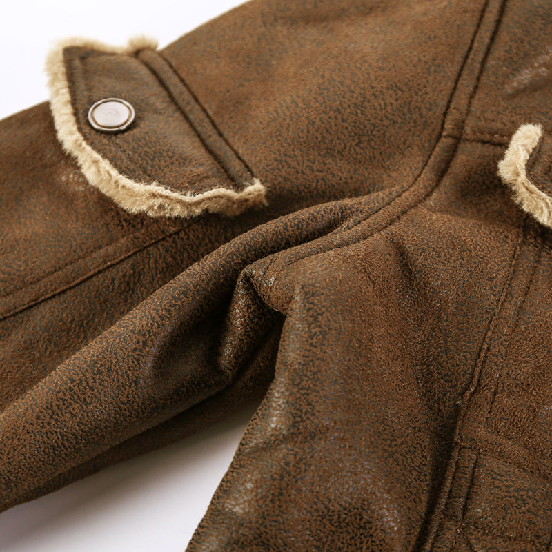 Men's Fleece-Lined Lambskin Imitation Biker Jacket with Stand-Up Collar and Flap Pockets Chichicherry