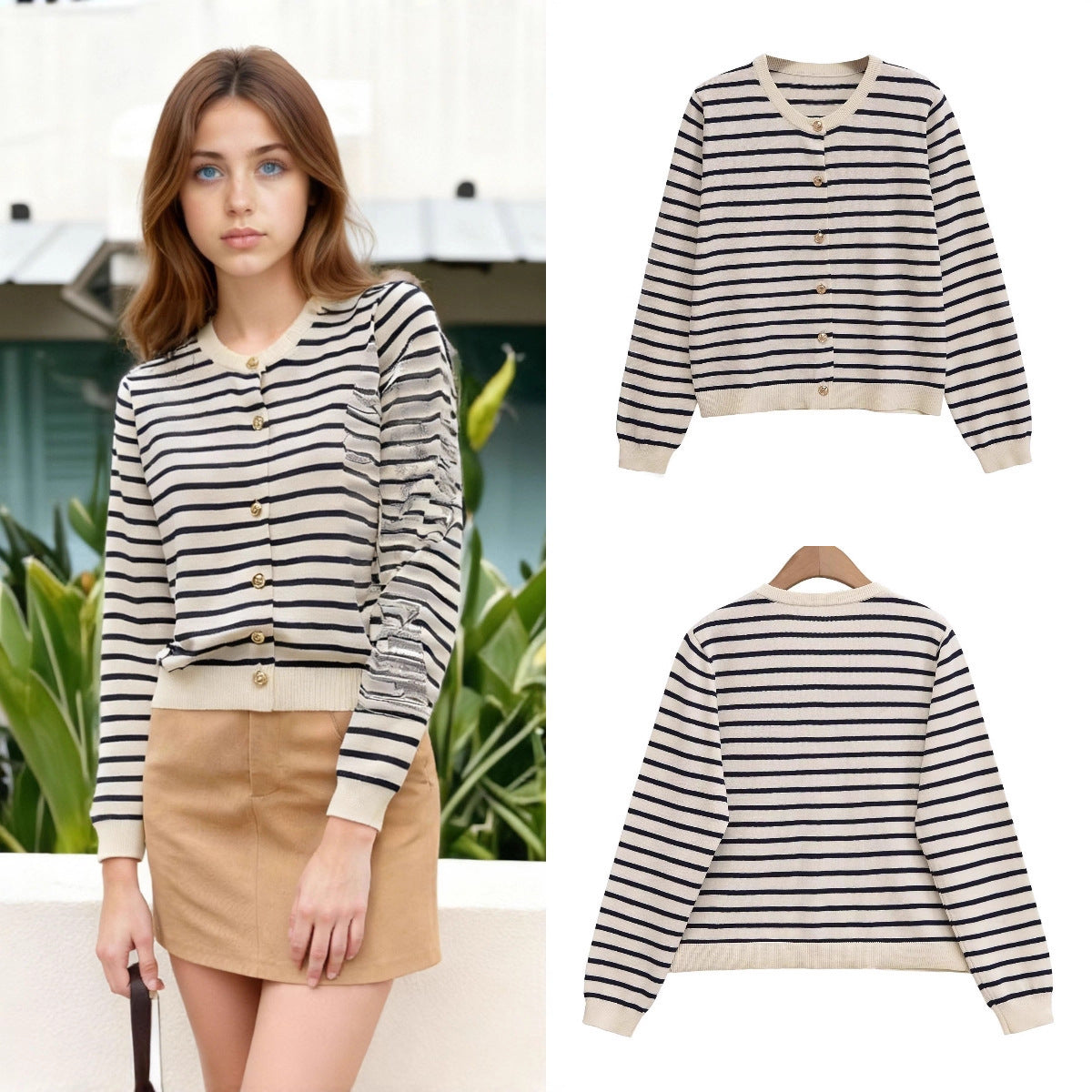 Women's Striped Lightweight Cardigan with Round Neckline and Decorative Buttons Chichicherry