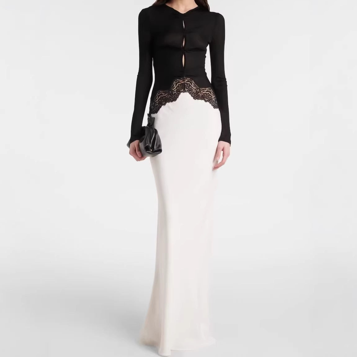 Women's maxi dress with lace insert, gathered front and flowing hem Chichicherry
