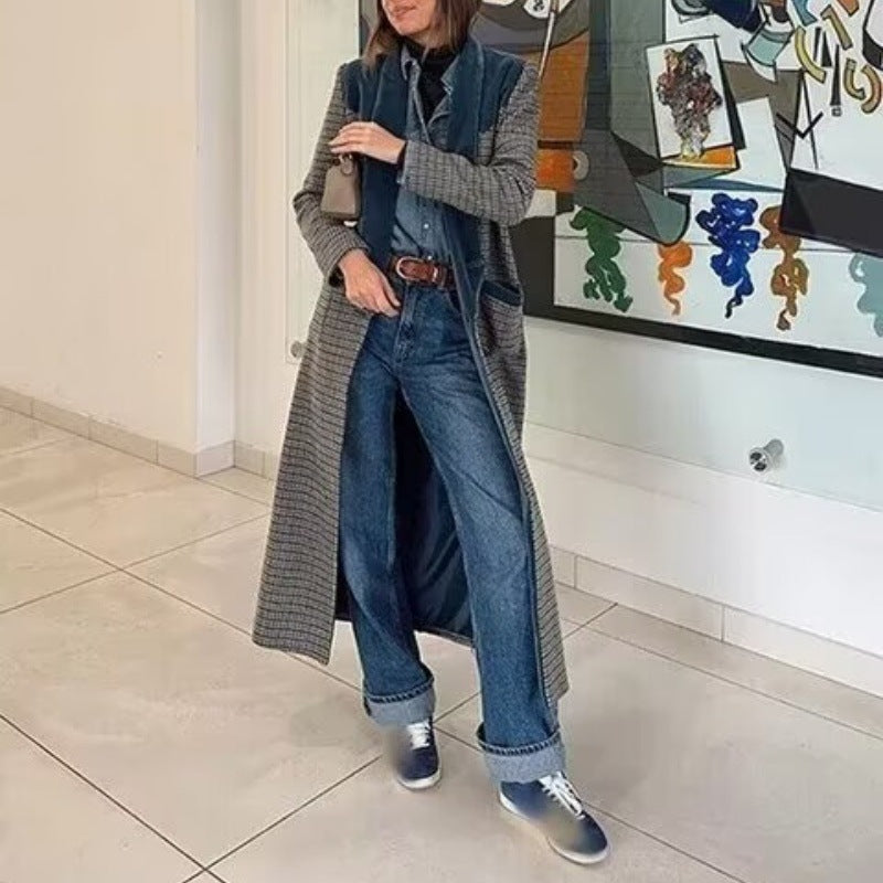 Women's long wool blend coat with velvet shawl collar and piped pockets Chichicherry
