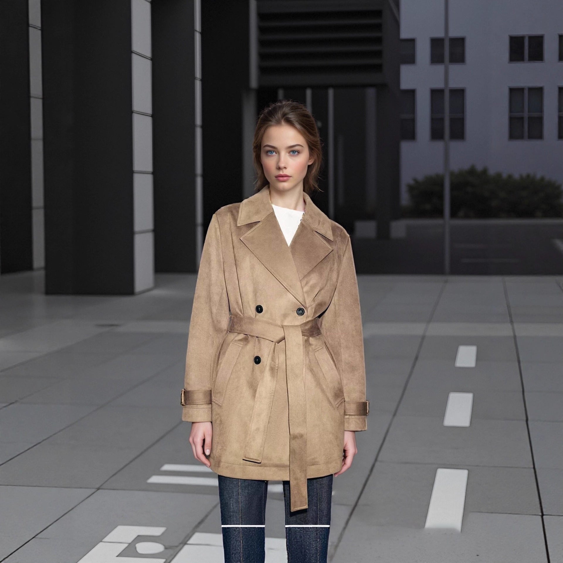 Women's Tailored Suede Look Trench Coat with Belt and Double Breasted Button Placket Chichicherry