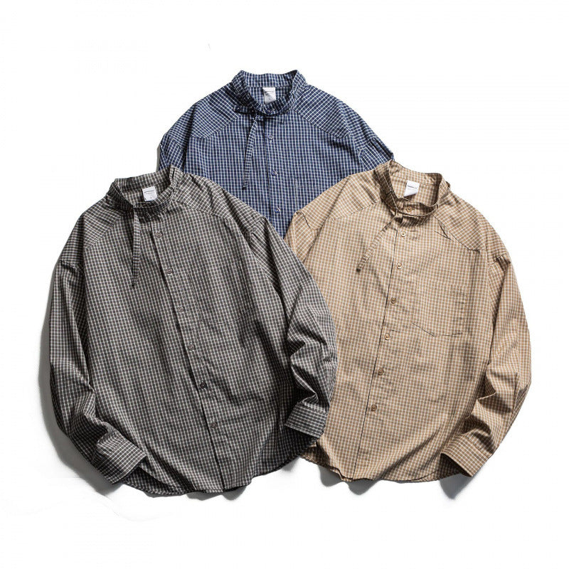 Men's Checked Oversize Shirt with Stand Collar, Drawstring and Raglan Sleeves Chichicherry