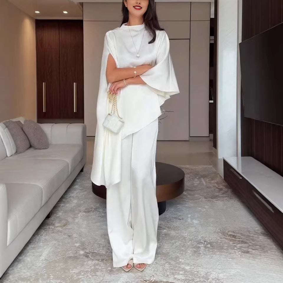 Women Two-Piece Chiffon Cape with Asymmetrical Hem and Trousers with Elastic Waist Chichicherry