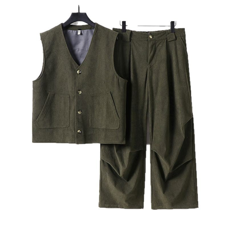 Men's cord loungewear set with V-neck vest and wide pleated trousers Chichicherry