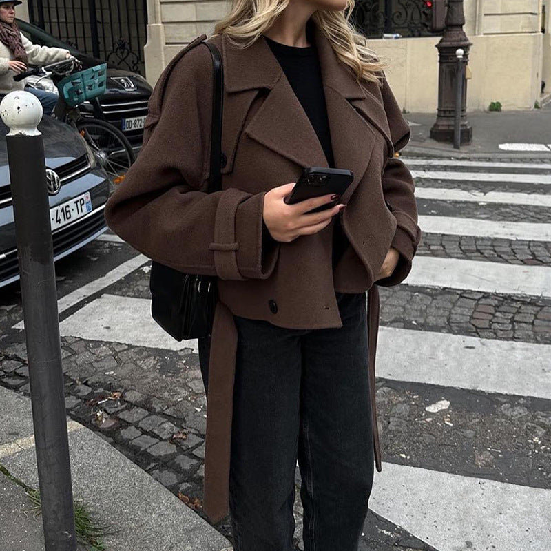 Women short cut oversized wool blend peacoat with wide lapels and tie belt Chichicherry