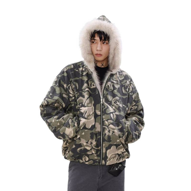 Herren Warmer gefütterter Camouflage-Bomber mit Kapuze und Kunstfellbesatz Chichicherry