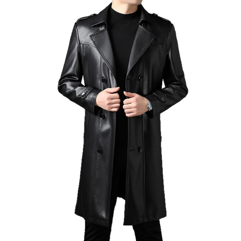 Men's Long Leather Trench Coat with Waist Belt and Double-Breasted Button Placket Chichicherry